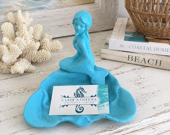Decorazione da spiaggia Portacarte a forma di sirena dipinta di blu - Piatto a forma di sirena - Porta potpourri - Contenitore - Decorazione a forma di sirena - Sirena in ghisa - Costiera - Spiaggia