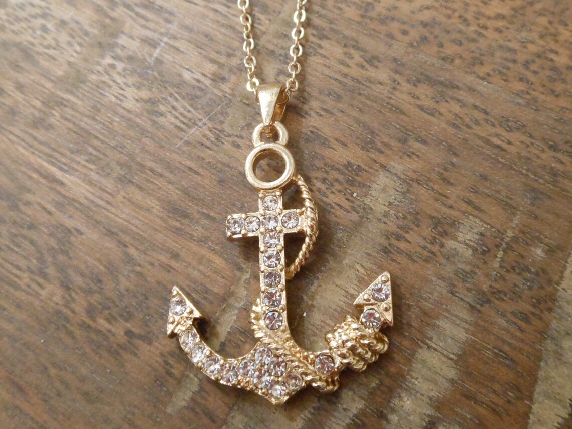 Gold Anchor and Rope Necklace Rhinestone Anchor Necklace Etsy