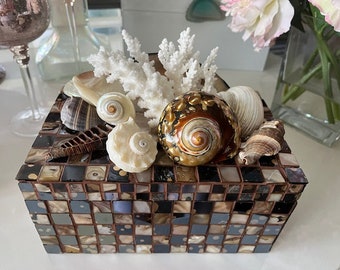 Beach Decor Brown Mosaic Seashell Jewelry Box - Shell Box - Coastal Home Decor - Gift - Beach Decor - Decorative Box - Seashells - Coral