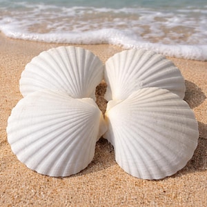 May include: Four white scallop shells arranged in a circle on a sandy beach. The shells have a ribbed texture and are near the edge of the water, with gentle waves in the background.