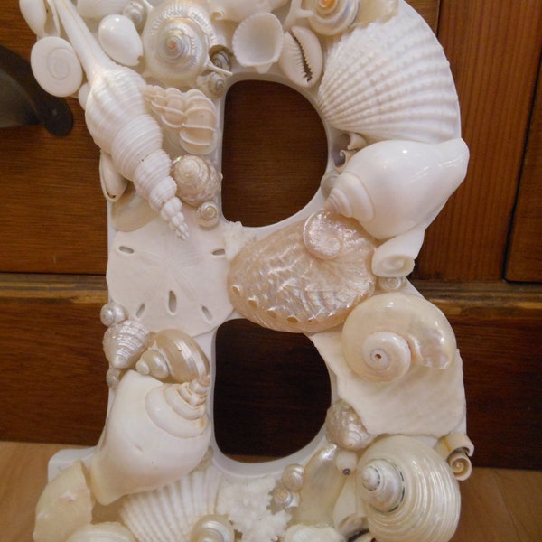 Beach Decor Shell Letter "B"  - White Shell Letters - Wooden Letters - Beach Wedding - White and Cream Seashells - Coastal Home Decor