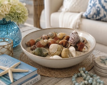 May include: A ceramic bowl filled with sand and a variety of seashells in shades of brown, white, and tan. The bowl sits on a woven mat, next to a stack of books and a starfish. A blue vase with flowers is in the background.