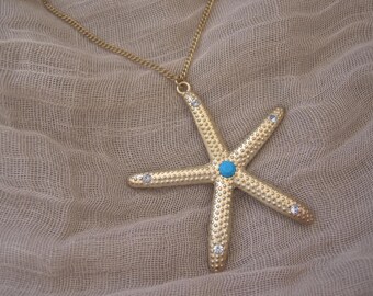 Collar de estrella de mar - Collar de estrella de mar tono dorado con diamantes de imitación y piedras - Collar para boda en la playa - Boda en la playa - Joyería de verano