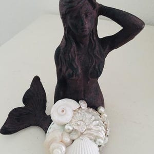 Beach Decor Seashell Embellished Cast Iron Mermaid - Mermaid with Shells - Sitting Mermaid - Mermaid - Beach - Coastal Home Decor - Nautical
