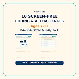 Può includere: Un pacchetto di attività STEM stampabile intitolato 10 SCREEN-FREE CODING & AI CHALLENGES Ages 7-11 di AiLabFinds. Il documento include due pagine di esempio che mostrano gli esercizi Robot Route e Train a Tiny AI, in formato A4 e US Letter.