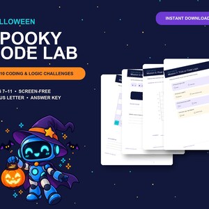 Halloween Coding Worksheets, Printable STEM Activities for Kids Ages 7–11