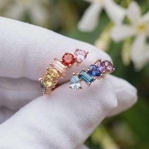 Colorful Sapphire Ring, Multigemstone Rainbow Band, Mixed Cut Birthstone Ring, Elegant Fine Jewelry