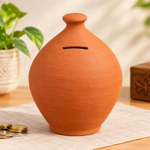 Puede incluir: Una hucha de arcilla de color terracota con un acabado mate y liso. El recipiente presenta un cuello estrecho rematado con un pequeño pomo redondeado y una ranura horizontal para monedas centrada en la parte superior, de diseño sencillo.