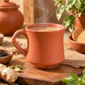 May include: A terracotta clay mug filled with steaming hot tea, featuring a rustic, unglazed finish and a curved handle. The mug sits on a wooden surface alongside loose tea leaves, fresh ginger root, green cardamom pods, and a bowl of round biscuits.