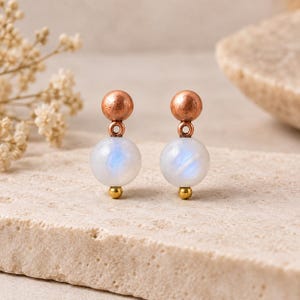 Moonstone Copper Earrings, White Gemstone Dangle Earrings, Blue Flash Moonstone Jewelry, Handmade Boho Earrings, Gift for Her