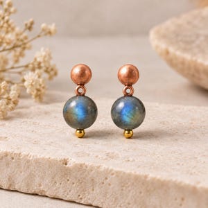 Labradorite Copper Earrings, Blue Flash Gemstone Dangle Earrings, Handmade Copper Jewelry, Boho Statement Earrings, Gift for Her