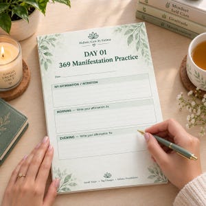 Op de afbeelding: Een wit papieren notitieblok getiteld DAY 01 369 Manifestation Practice door Holistic Care by Fatima, voorzien van groene bladillustraties, secties voor affirmatie, ochtend- en avondschrijven, en de tekst Small Steps, Big Changes, Infinite Possibilities.