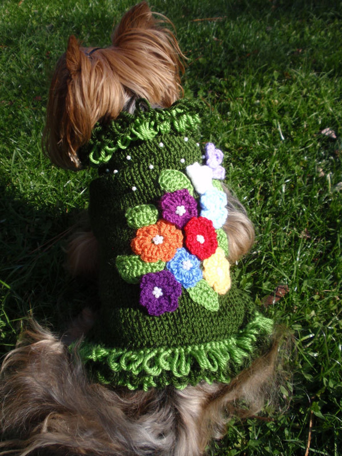 Hand Knit Green Dog Sweater with Crochet Flowers Etsy