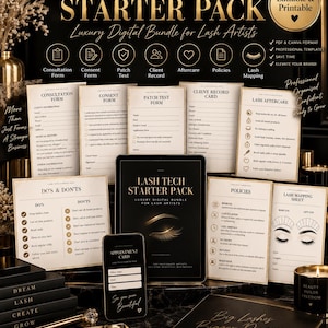 May include: A digital lash tech starter pack bundle featuring printable forms including consultation, consent, patch test, client record, aftercare, policies, and lash mapping sheets. The set includes a tablet and phone displaying the pack title.