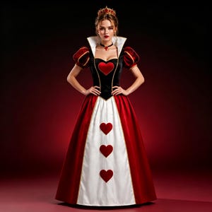 May include: A floor-length costume dress featuring a black velvet bodice with a red heart appliqué, a high white stand-up collar, and puffed sleeves. The skirt has a white front panel with three red heart appliqués and red side panels.