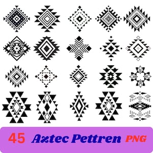 Könnte beinhalten: Eine Sammlung von zwanzig schwarz-weißen, geometrischen, rautenförmigen Mustern, die in einem Raster angeordnet sind. Jedes Design zeigt einzigartige Kombinationen aus Dreiecken, Linien und Quadraten. Unter dem Raster zeigt ein lila Banner den Text 45 Aztec Pettren PNG.