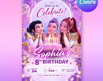 K-Pop Demon Hunters Birthday Invite, Purple Neon Party Template (Digital Download)