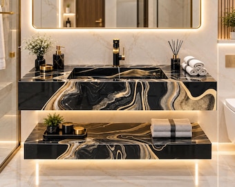 Black & Gold Tile Floating Vanity with Integrated Sink, Modern Wall Mount Bathroom Vanity, Luxury Marble Look Vanity, Custom Bathroom Vanity