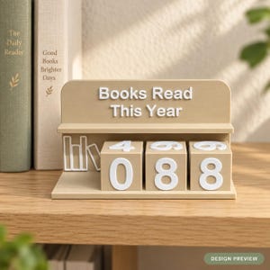 Pode incluir: Um contador de mesa bege com o texto "Books Read This Year" em letras brancas. Possui três blocos quadrados rotativos exibindo o número 088 e um pequeno gráfico branco de livros no lado esquerdo da estrutura da base.