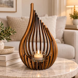 Può includere: Un portacandele a forma di goccia costruito con listelli di legno verticali in tonalità alternate marrone chiaro e scuro. La struttura presenta un bicchiere di vetro trasparente centrale contenente una piccola candela bianca accesa.