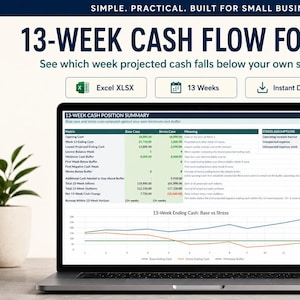May include: A laptop screen displays a 13-week cash flow forecast spreadsheet with a summary table and a line graph comparing base and stress cases. Text includes Simple. Practical. Built for small business. Excel XLSX, 13 Weeks, Instant Download.