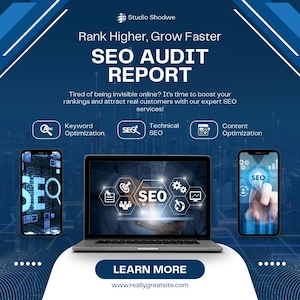 May include: A digital marketing graphic featuring a laptop and two smartphones displaying SEO icons and text. The image includes the text Studio Shodwe, Rank Higher, Grow Faster, SEO AUDIT REPORT, Keyword Optimization, Technical SEO, Content Optimization, and LEARN MORE.