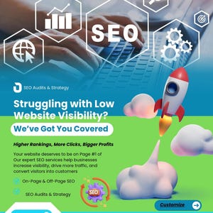 May include: A digital marketing flyer for H.aura SEO Audits & Strategy featuring a rocket launching into clouds, a laptop with hands typing, and text including Struggling with Low Website Visibility? We’ve Got You Covered, Higher Rankings, More Clicks, Bigger Profits.