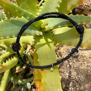 May include: A black rope bracelet with a small, round, silver-colored charm. The bracelet is knotted and has white flecks. The bracelet is displayed on a background of green aloe vera plants.