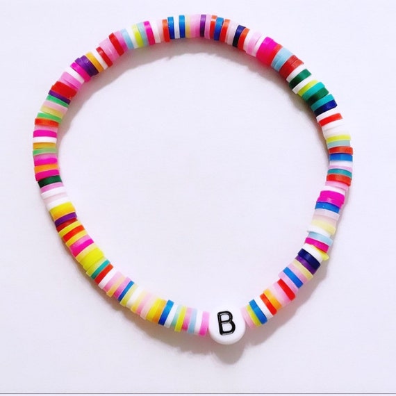 Single initial bracelet beaded disc bracelet with initial bead polymer clay beaded bracelet initial bracelet