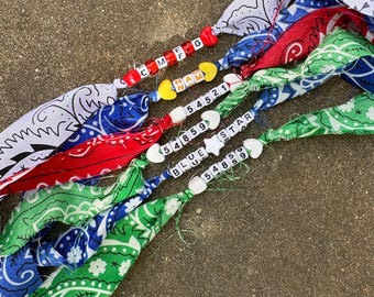 Bandana bracelet with custom text; camp bandana bracelets