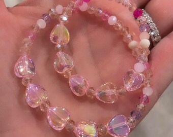Mommy and Me crystal beaded pink heart bracelets; heart bracelets