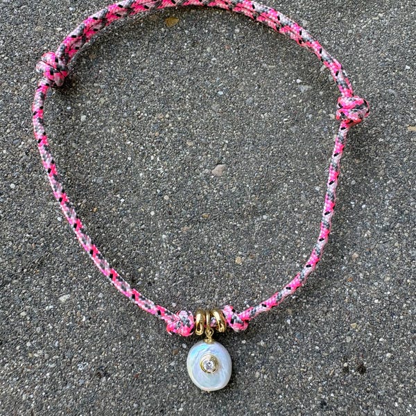 Paracord ankle bracelet with mother of pearl charm; paracord anklet