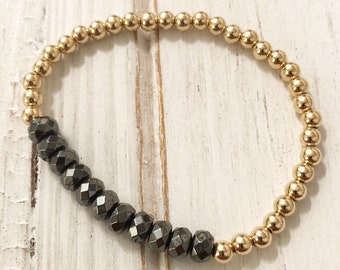 14k gold filled and hematite beaded bracelet; gold stack bracelet