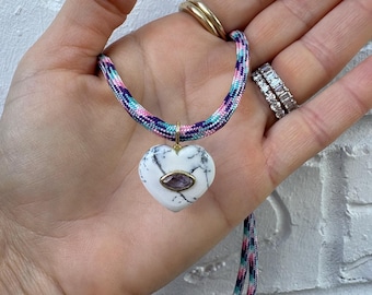 paracord necklace with gemstone heart pendant; one of a kind paracord necklace