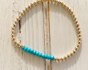 14k gold filled and turquoise magnesite beaded stack bracelet; turquoise bracelet