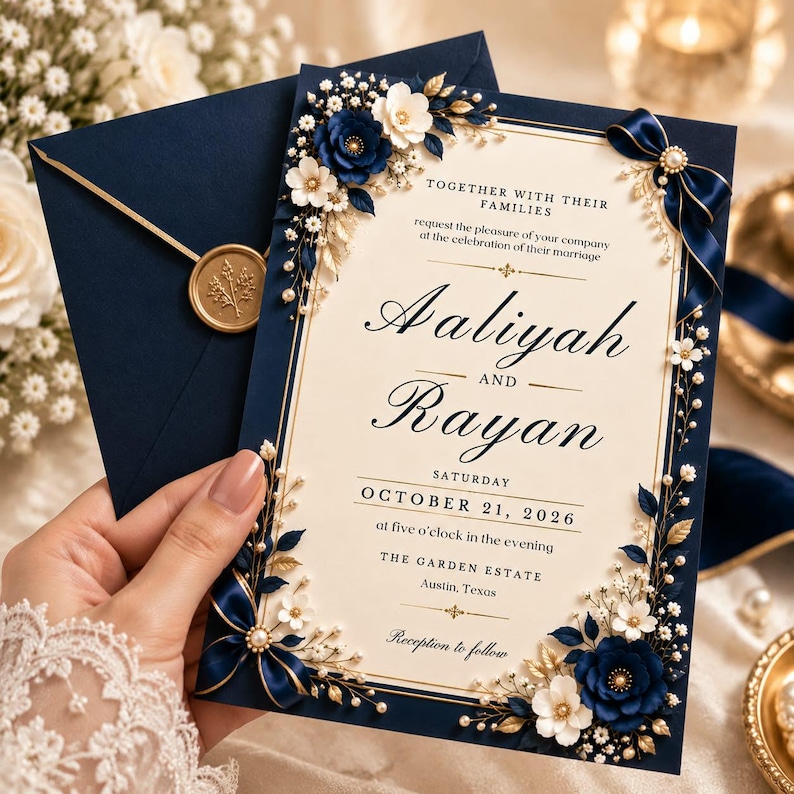 Navy Blue Gold Floral Wedding Invitation Template, Editable Canva ...