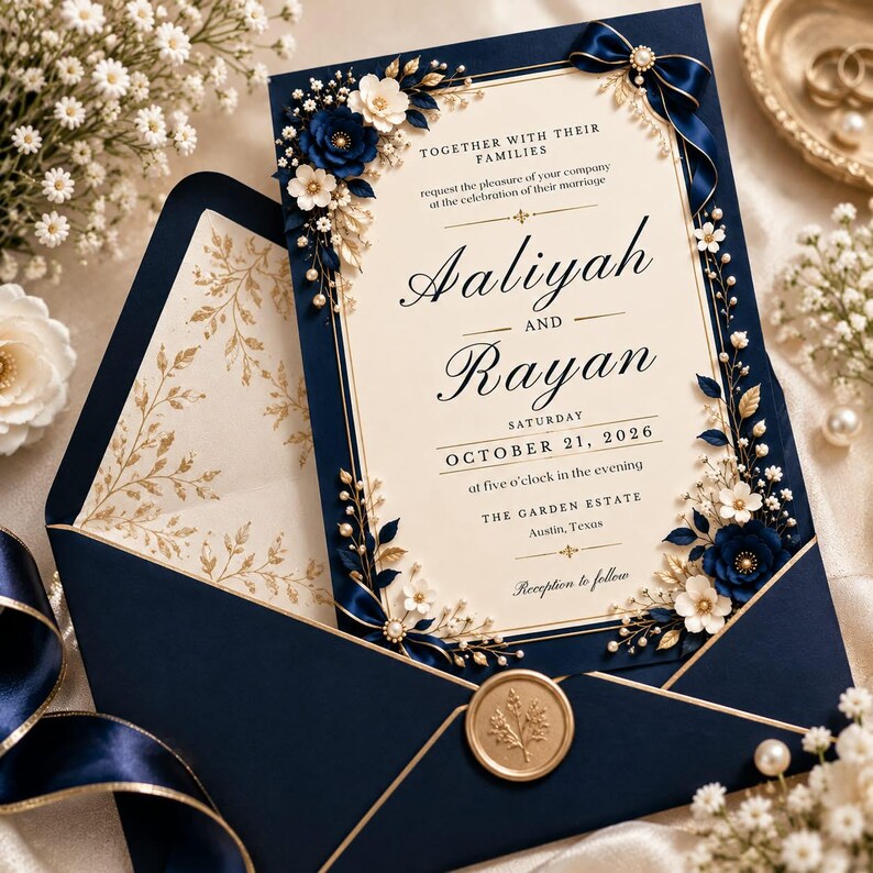 Navy Blue Gold Floral Wedding Invitation Template, Editable Canva ...