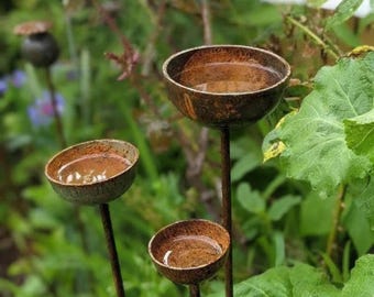 Rustic Iron Rain Catcher Set – Metal Garden Stake for Bird and Bee Water Bowl