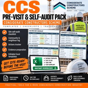 Op de afbeelding: Een CCS Pre-Visit & Self-Audit Pack met digitale sjablonen, checklists en trackers voor bouwplaatsen. De set bevat een laptop met bewerkbare Excel-bestanden, een bouwvakker in een reflecterend veiligheidsvest en een witte veiligheidshelm.