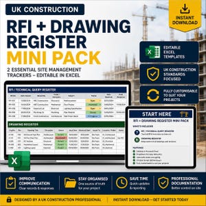 Puede incluir: Un paquete digital de registro de RFI y planos de construcción del Reino Unido con plantillas de Excel editables. La pantalla muestra un registro de consultas técnicas y un registro de planos con columnas de estado y funciones.