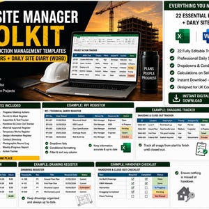 Puede incluir: Un kit de herramientas digital para jefes de obra en el Reino Unido con 22 plantillas de gestión de construcción en Excel y un diario de obra diario en Word. La imagen muestra un portátil, un casco de seguridad blanco y un vaso negro.