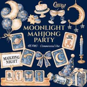 Può includere: Una collezione di illustrazioni ad acquerello con una luna crescente, palloncini, una torta, flûte da champagne, tessere del mahjong, un fiocco, una candela, un cappellino da festa e un regalo. Il testo recita MOONLIGHT MAHJONG PARTY, CHEERS! e MAHJONG NIGHT.