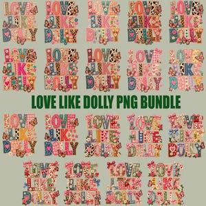 Könnte beinhalten: Eine digitale Sammlung von zwanzig Grafikdesigns mit dem Text LOVE LIKE DOLLY in verschiedenen bunten Mustern, darunter Blumen, Leopardenmuster, Vichy-Karo und Punkte, akzentuiert mit Schmetterlingen, Herzen und Schleifen auf hellem Grund.