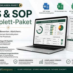 Pode incluir: Um pacote de modelos digitais para sistemas de controlo interno e procedimentos operacionais, com um computador portátil a exibir um painel de controlo, ícones de documentos e listas de verificação com texto em alemão.