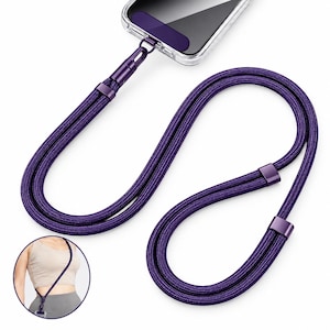 May include: A deep purple woven cord phone lanyard featuring a metallic purple connector clip attached to a clear smartphone case. The cord is constructed from a durable braided material with matching purple metal accents that secure the loops.
