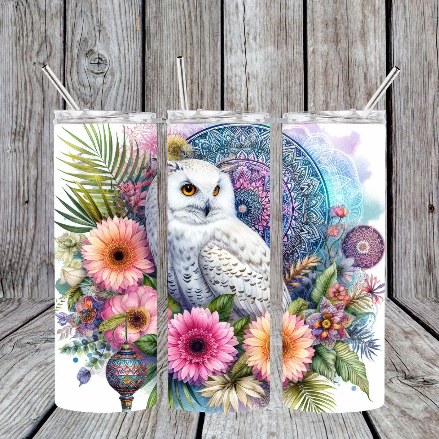 Snowy Owl Tumbler Wrap PNG | Boho Floral Owl Sublimation Design | Pink Flowers Mandala 20oz Skinny T