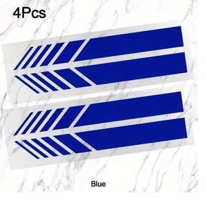 May include: A set of 4Pcs blue adhesive decals featuring a geometric arrow pattern with parallel diagonal lines and long horizontal bars. The design consists of two identical strips with a sharp, angular chevron-style head and a solid rectangular tail.