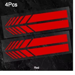 May include: A set of 4 red adhesive decals featuring a geometric arrow design with parallel stripes. The stickers are presented on a transparent backing, and the text 4Pcs and Red is visible on the dark background, indicating the quantity and color.