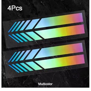 May include: A set of 4Pcs rectangular decals featuring a geometric arrow pattern with a holographic gradient transitioning from blue to green to pink. The stickers are displayed on a dark background with the text 4Pcs and Multicolor.