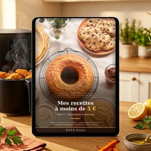 Peut inclure: Une tablette numérique affichant la couverture d'un livre de cuisine intitulé Mes recettes à moins de 5 €, montrant un gâteau en couronne sur une grille, des cookies aux pépites de chocolat et des bols de crème, près d'une friteuse et d'un citron.